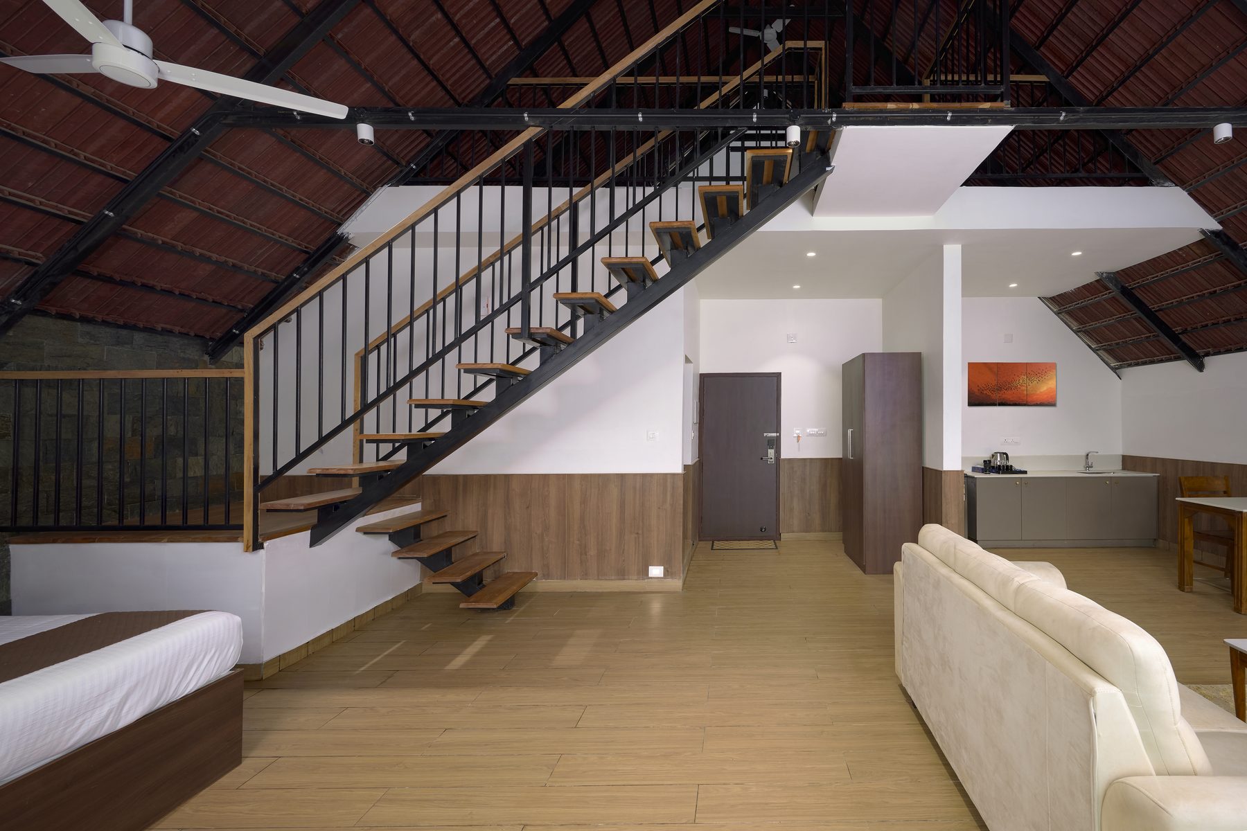 The Reach Vagamon — A-Frame Loft — staircase to the mezzanine